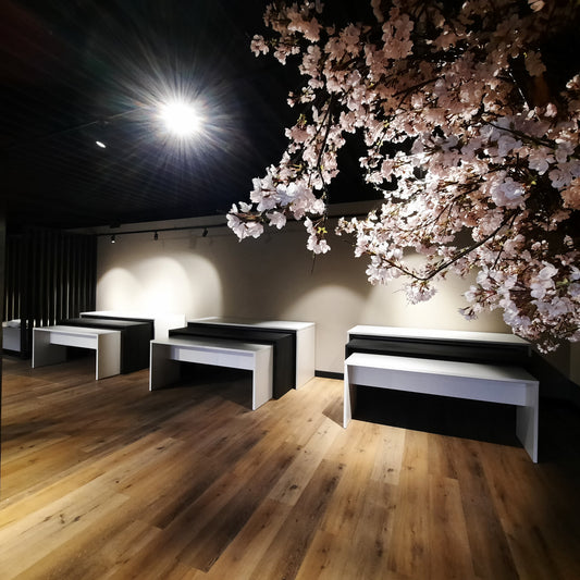 Moderne showroominrichting met presentatieblokken